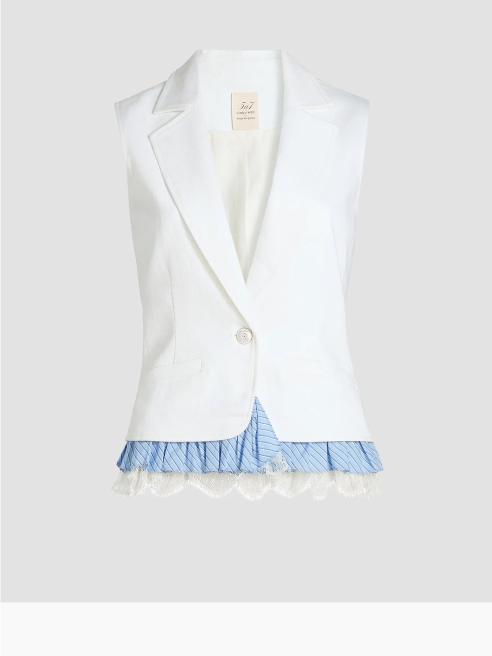 Cinq a Sept White Sleeveless Blazer Vest with Blue Pleated Trim